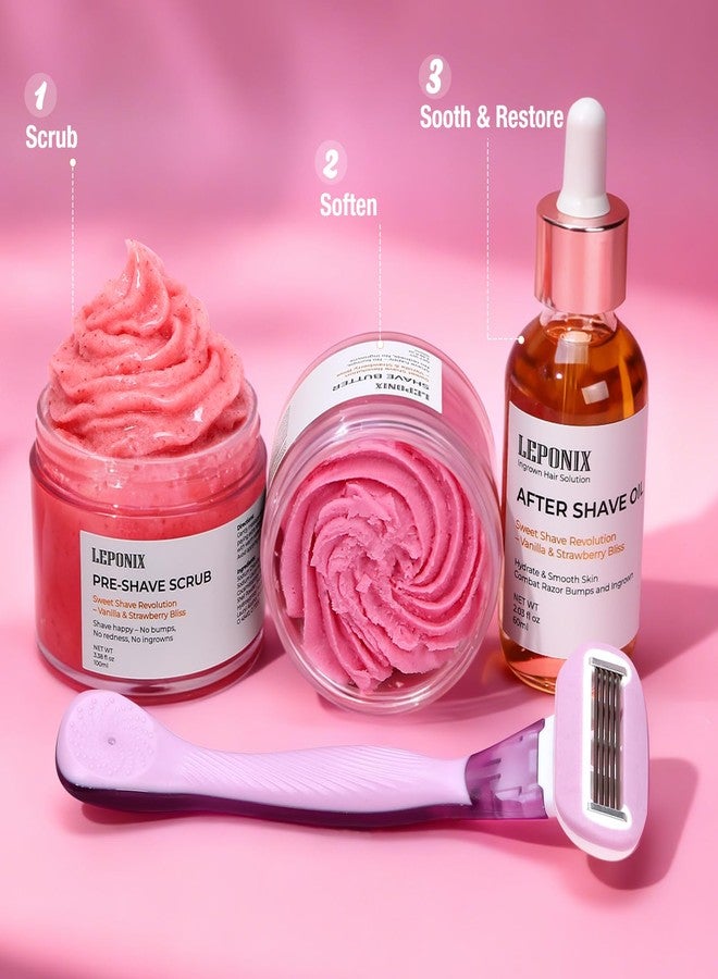 LEPONIX 2025 Women's Complete Shaving Kit with Razor & Holder - 5 Piece Strawberry Vanilla Set Include Pre-Shave Scrub, Cream, Aftershave Oil - Luxury Gifts Set for Her, Wife, Mom (Valentines Day, Christmas) - Image 2